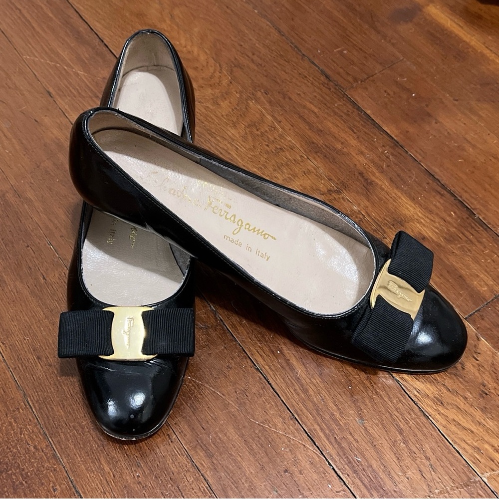 Salvatore Ferragamo Black Heels with Gold Buckle Size 5.5AA